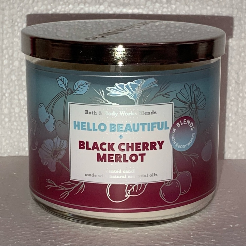 Bath & Body Works Hello Beautiful + Black Cherry Merlot 3 Wick Candle 14.5 Oz